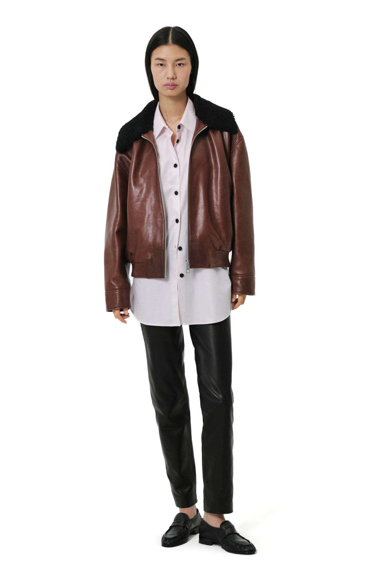 Love Leather Jacket With Shearling Collar Trim - Chocolate