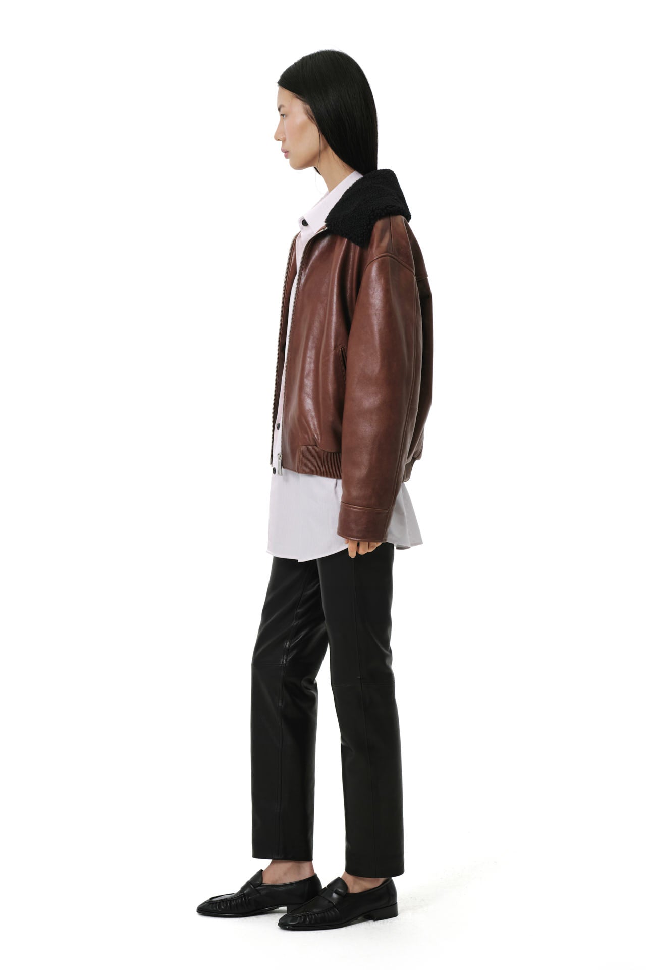 Love Leather Jacket With Shearling Collar Trim - Chocolate