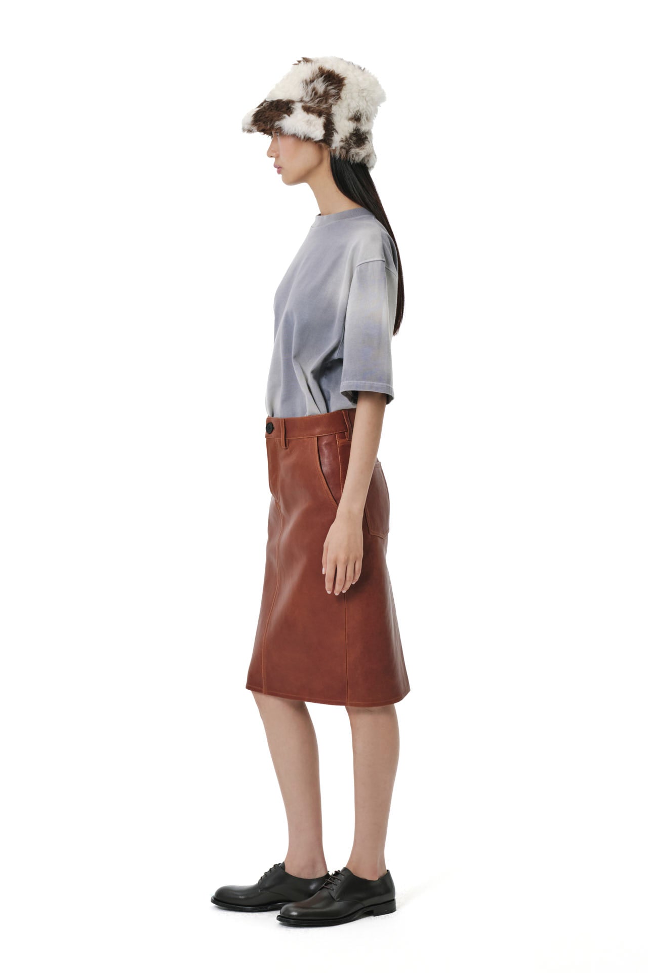 Button Leather Skirt - Cognac