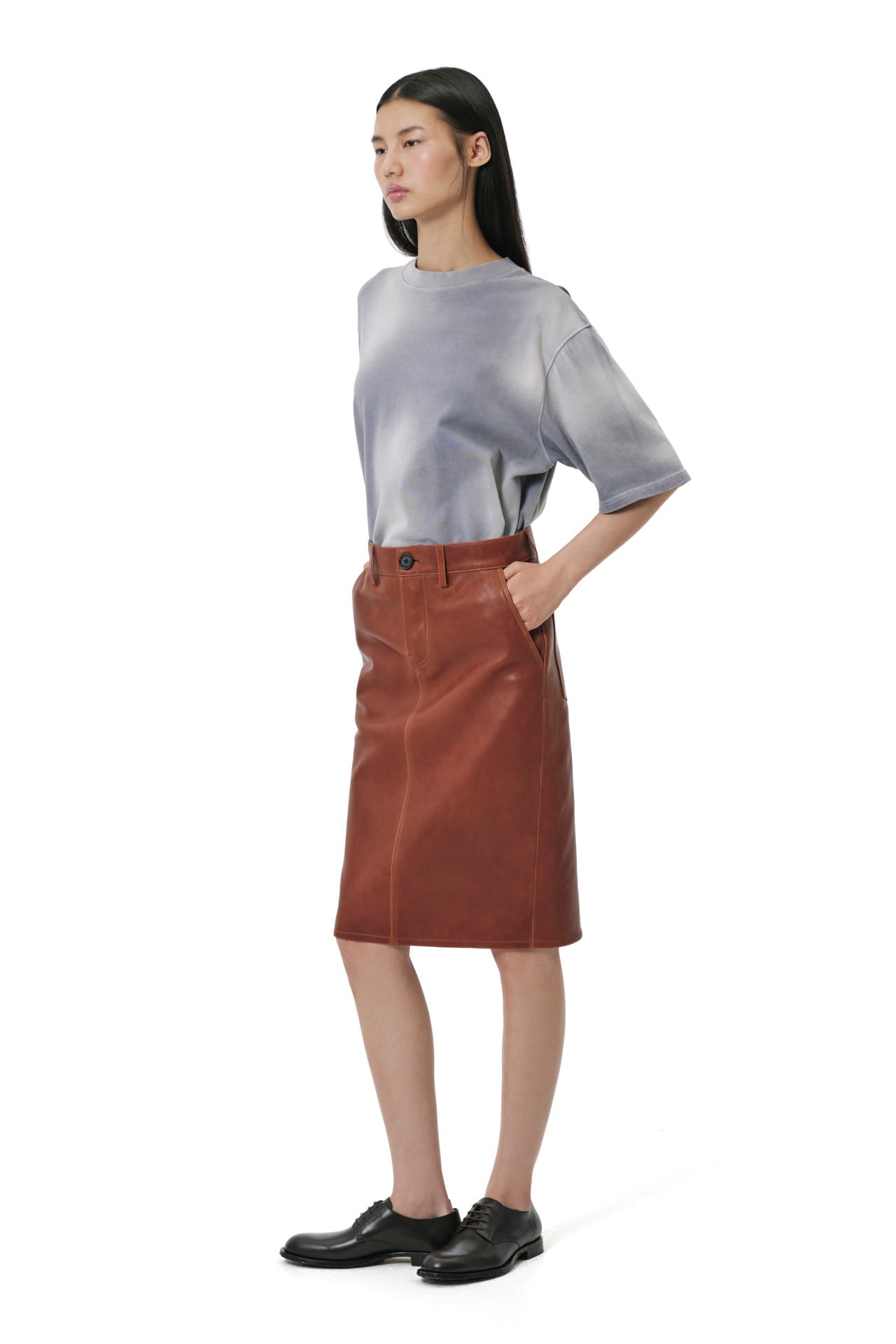 Button Leather Skirt - Cognac