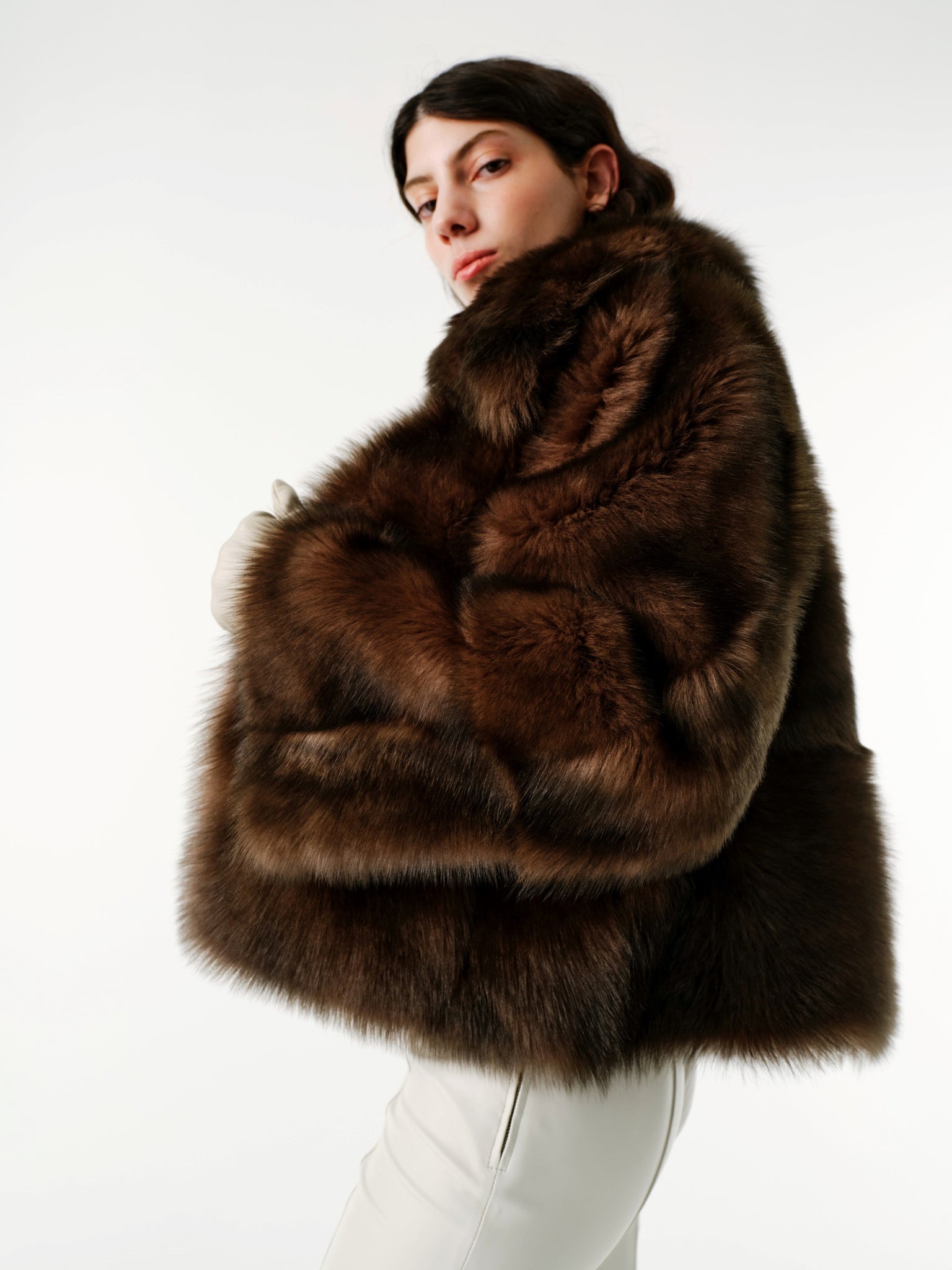 SHAGGY BABY MINI WITH COLLAR Oversized Shearling Fur Coat - BROWN